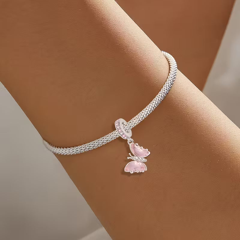 Pink Butterfly Sterling Silver Charm Hallmarked S925 for Charm Bracelet and Necklace