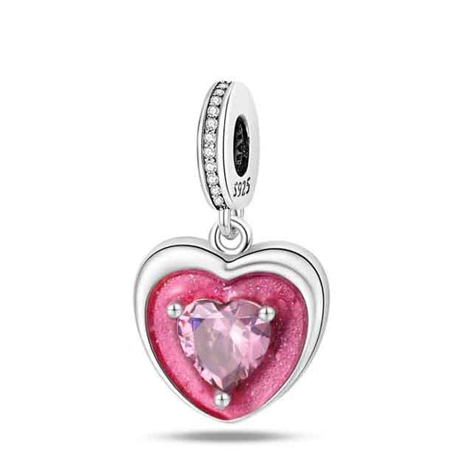 Pink CZ Enamel Heart Pendant Charm for Bracelet, S925 Sterling Silver