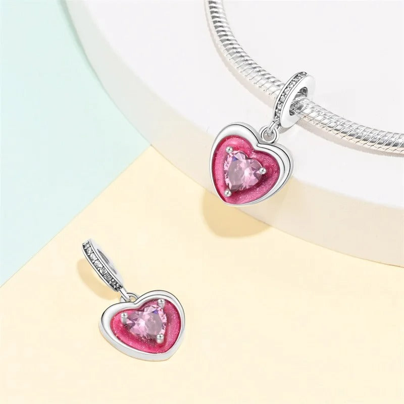 Pink CZ Enamel Heart Pendant Charm for Bracelet, S925 Sterling Silver