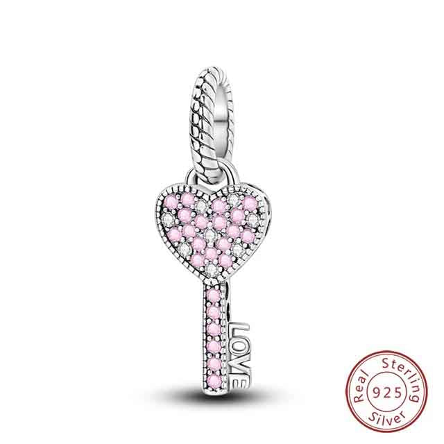 Pink CZ Love Heart Key Charm for Bracelet, S925 Sterling Silver