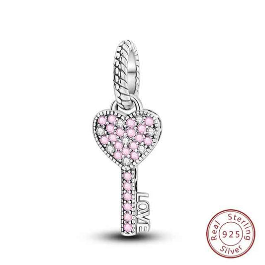 Pink CZ Love Heart Key Charm for Bracelet, S925 Sterling Silver
