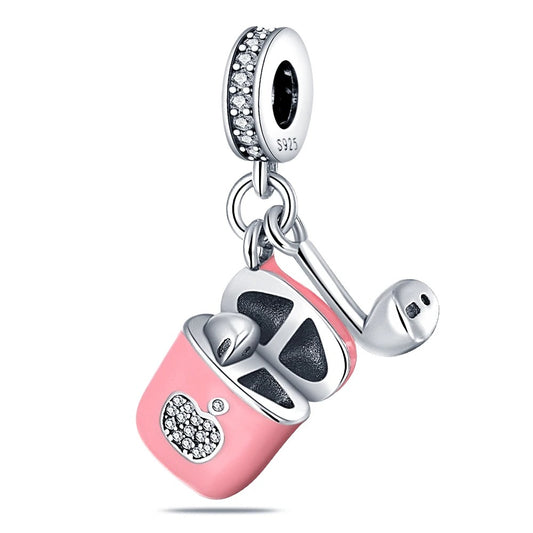 Pink Earphone Charm for Bracelet, S925 Sterling Silver