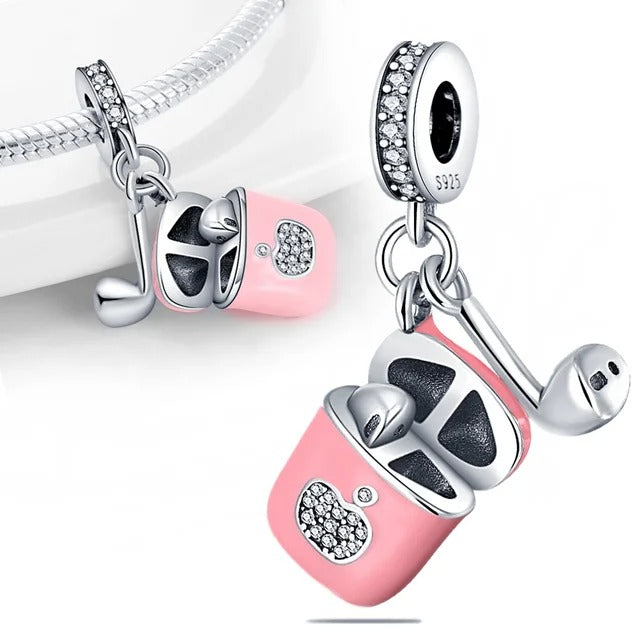 Pink Earphone Charm for Bracelet, S925 Sterling Silver