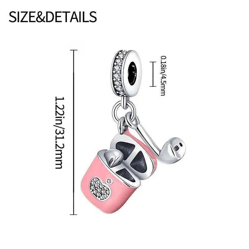 Pink Earphone Charm for Bracelet, S925 Sterling Silver