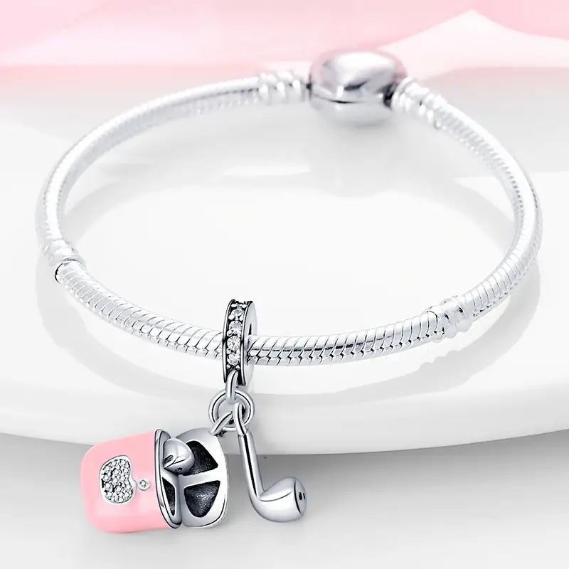 Pink Earphone Charm for Bracelet, S925 Sterling Silver