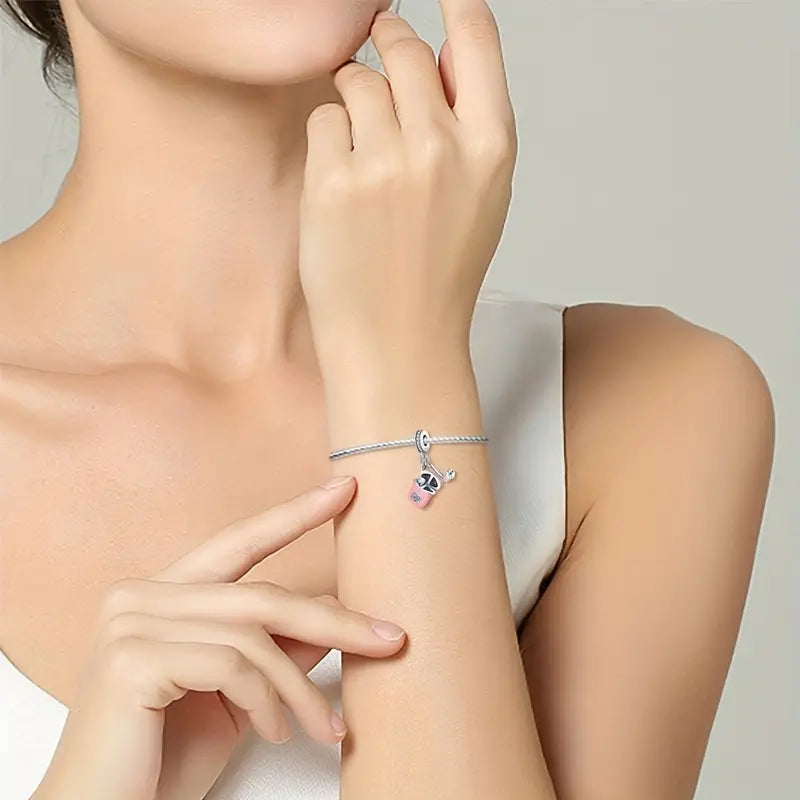 Pink Earphone Charm for Bracelet, S925 Sterling Silver