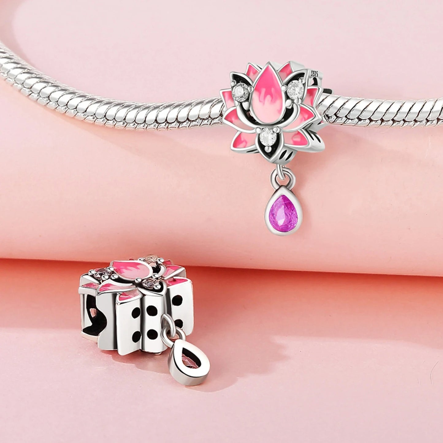 Pink Lotus Flower Charm for Bracelet, S925 Sterling Silver