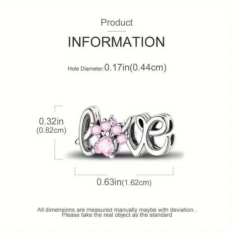 Pink Paw Print Love Script Sterling Silver Charm Hallmarked S925 for Charm Bracelet and Necklace