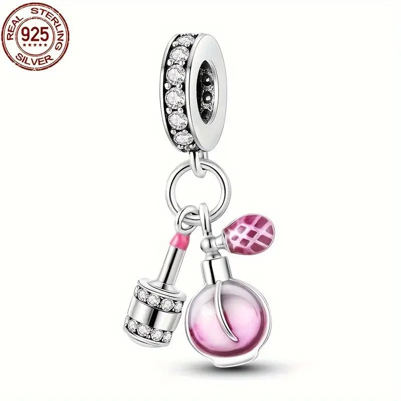 Pink Perfume & Lipstick Sterling Silver Charm Hallmarked S925 for Charm Bracelet and Necklace