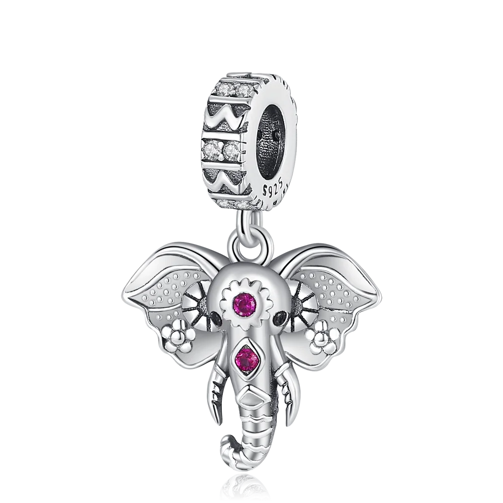 Pink Stone Elephant Dangle Charm for Bracelet, S925 Sterling Silver
