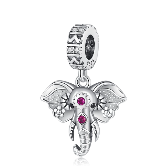 Pink Stone Elephant Dangle Charm for Bracelet, S925 Sterling Silver