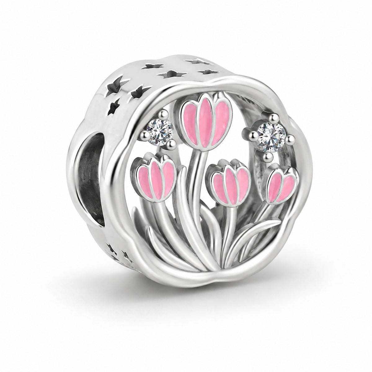S925 Sterling Silver Pink Tulip Bead Charm Bracelet