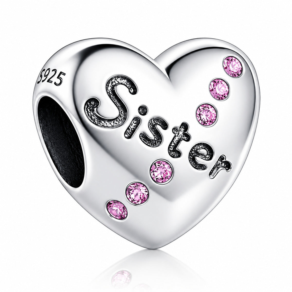 Pink CZ Sister Heart Sterling Silver Charm Hallmarked S925 for Charm Bracelet and Necklace