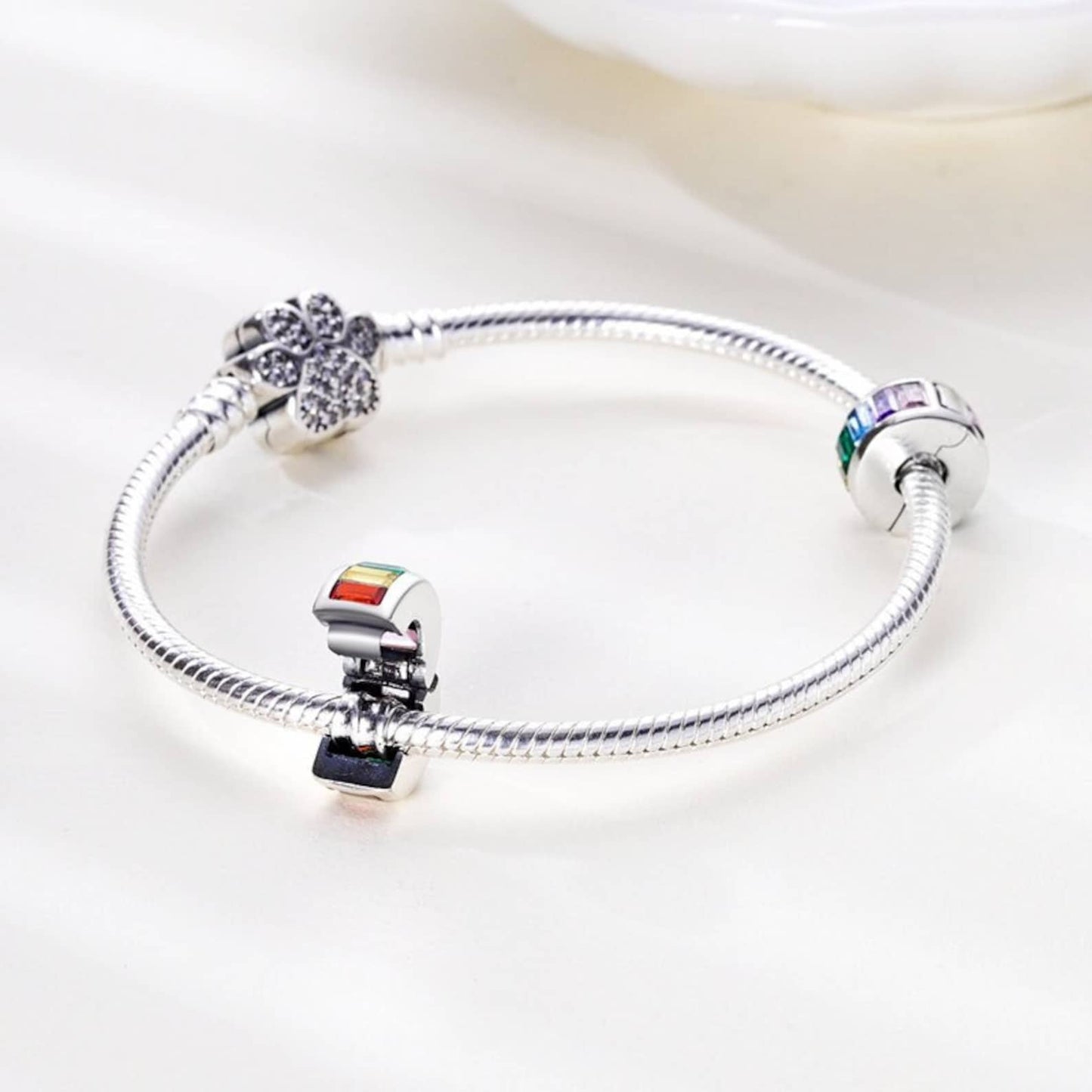 Rainbow Clasp Clip Charm for Bracelet, S925 Sterling Silver