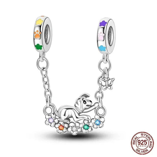 Rainbow Dog Safety Chain Charm for Bracelet, S925 Sterling Silver