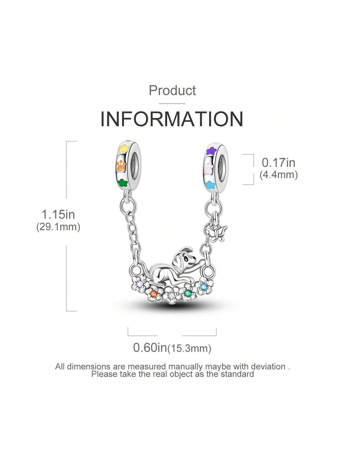 Rainbow Dog Safety Chain Charm for Bracelet, S925 Sterling Silver