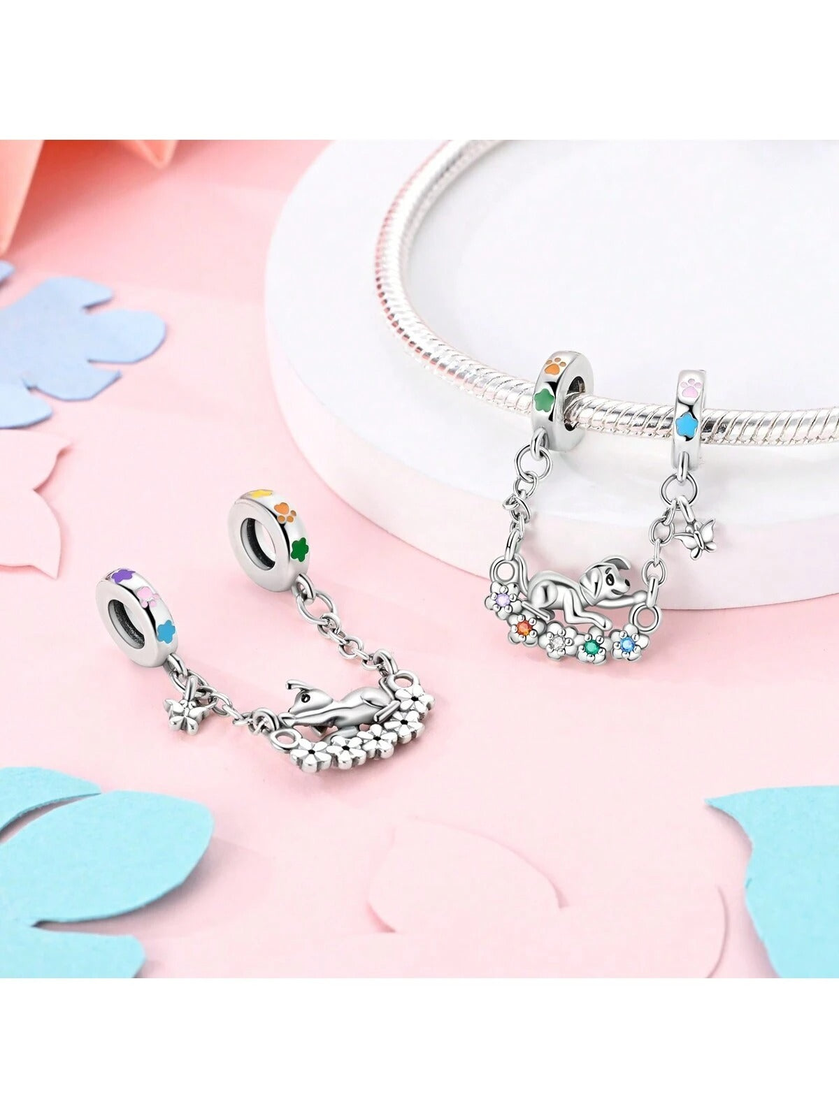 Rainbow Dog Safety Chain Charm for Bracelet, S925 Sterling Silver