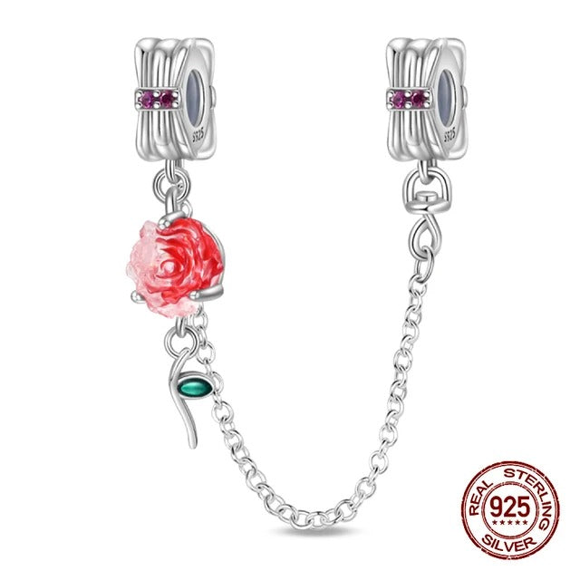 Red Rose Floral Safety Chain Charm for Bracelet, S925 Sterling Silver
