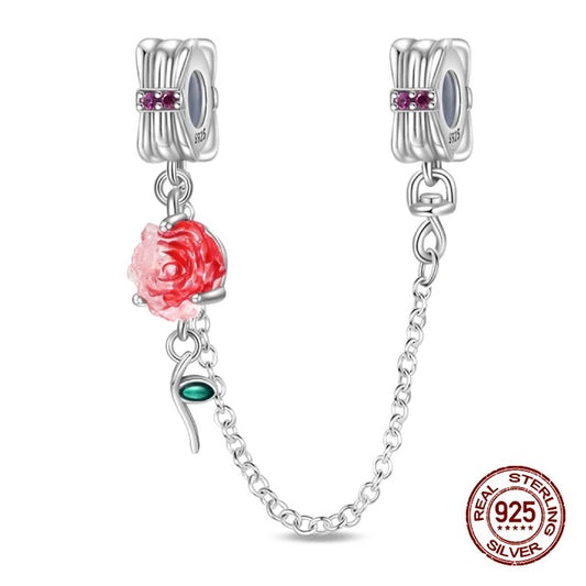 Red Rose Floral Safety Chain Charm for Bracelet, S925 Sterling Silver