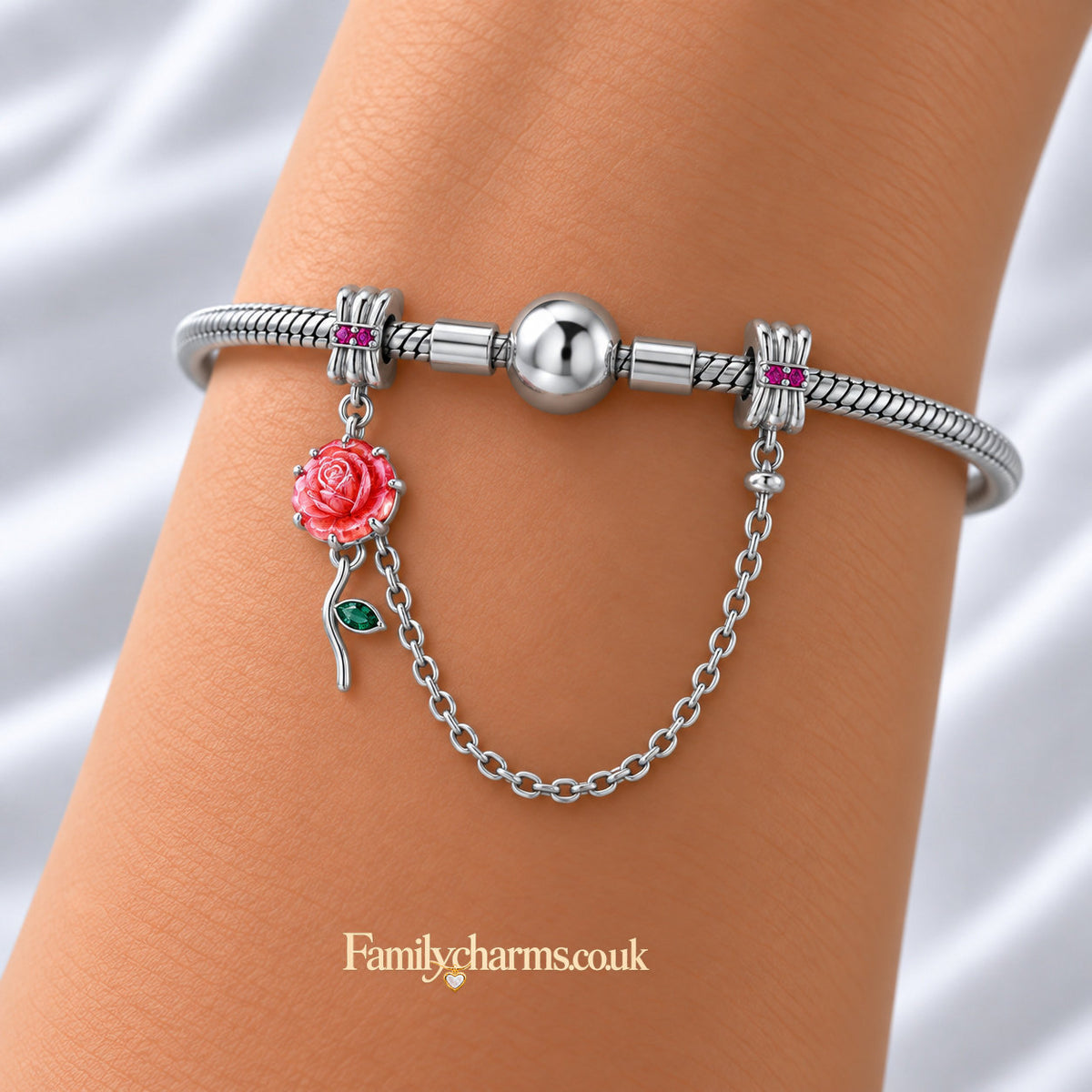 Red Rose Floral Safety Chain Sterling Silver Charm Hallmarked S925 for Charm Bracelet and Necklace