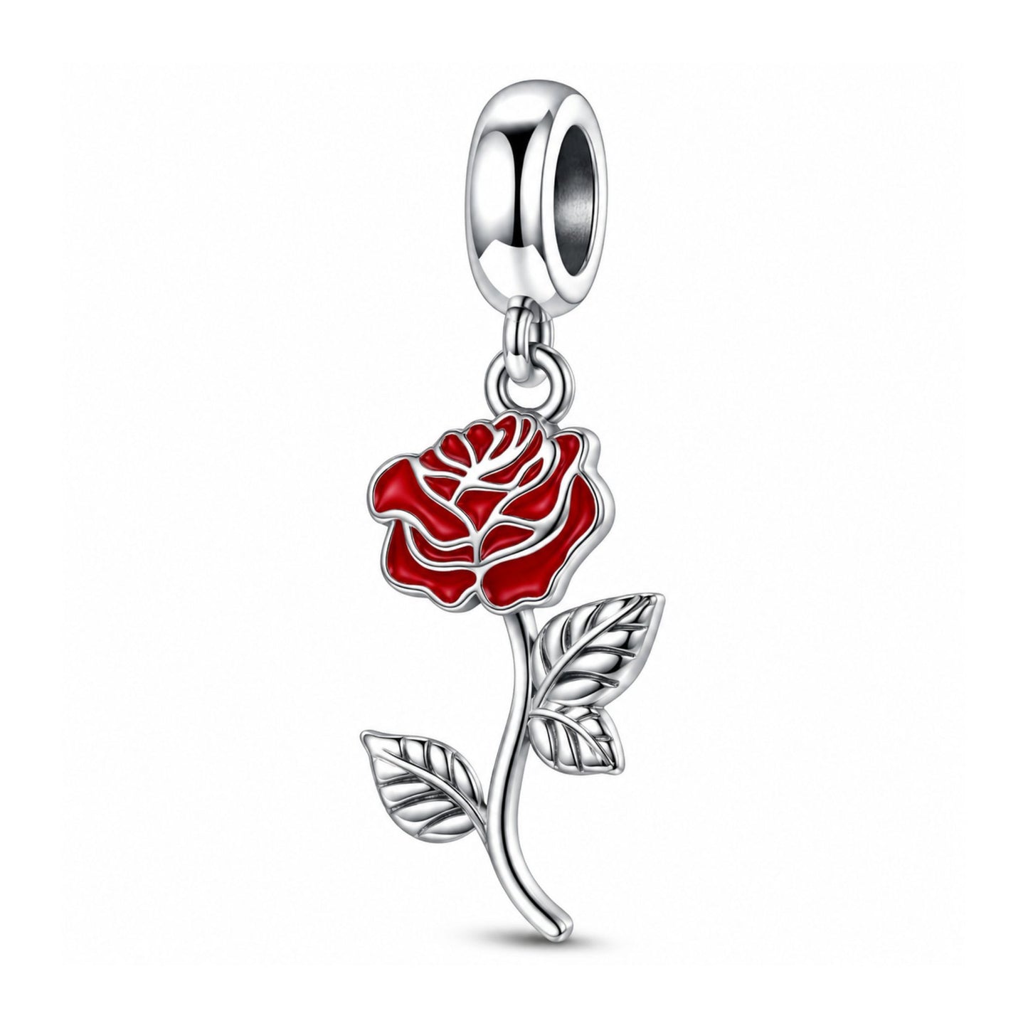 Red Rose Flower Dangle Sterling Silver Charm Hallmarked S925 for Charm Bracelet and Necklace