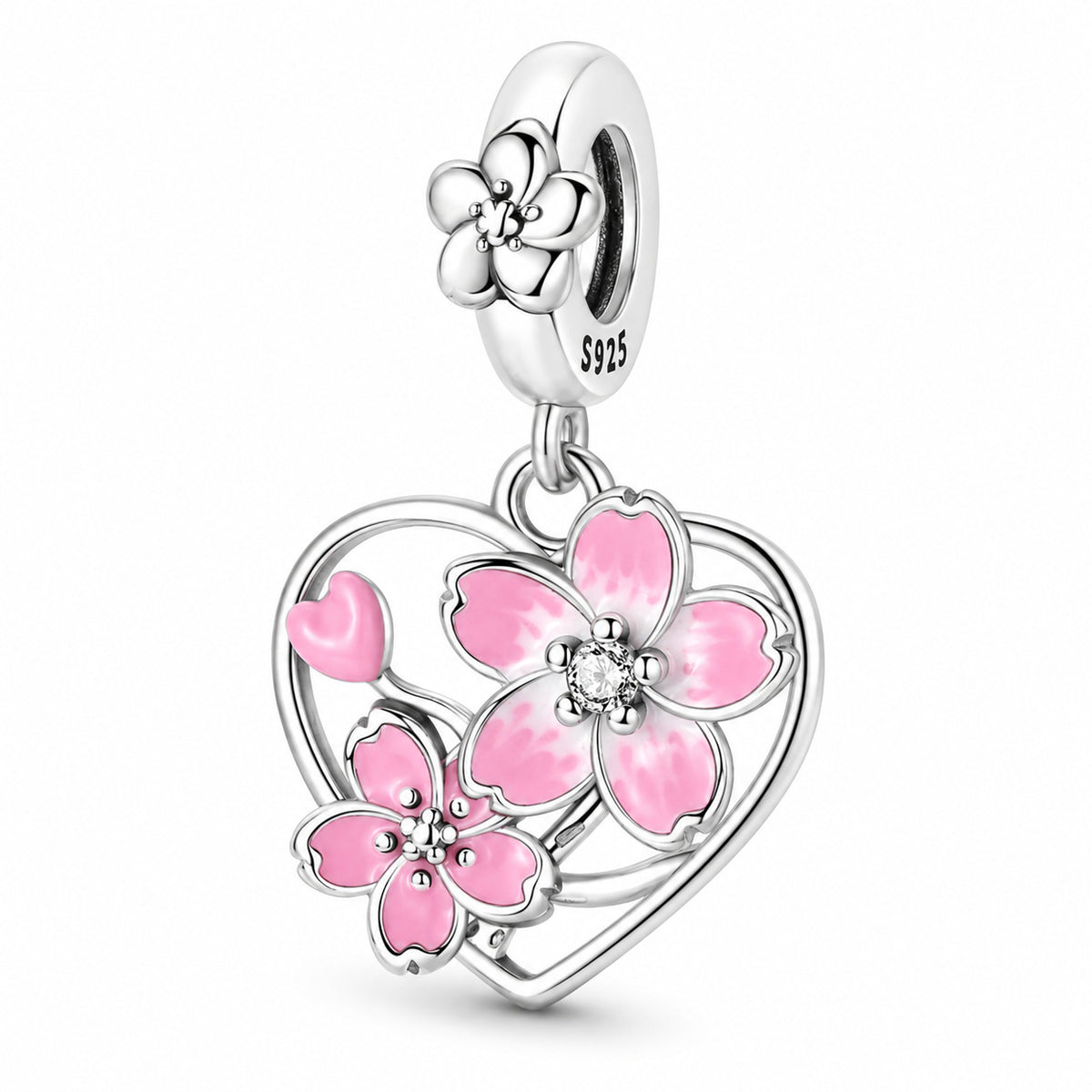 S925 Sterling Silver Rotating Cherry Blossom Heart Dangle Charm For Bracelets