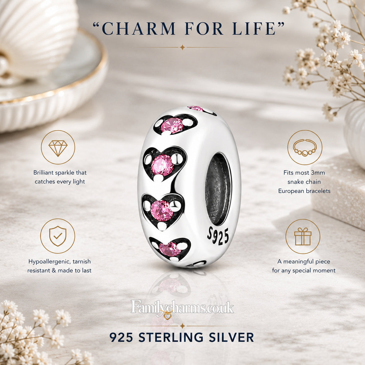 Row of Hearts Stopper Charm for Bracelet, S925 Sterling Silver