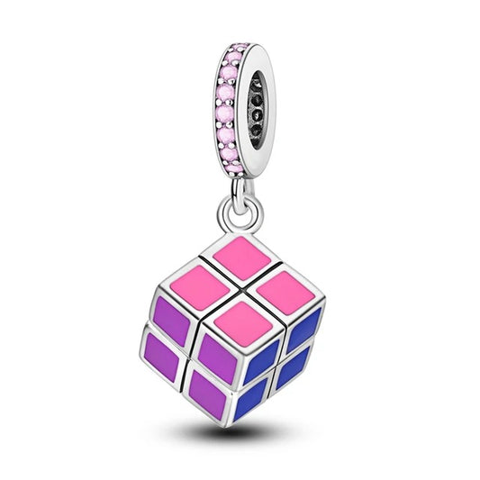 Rubik Cube Dangle Charm for Bracelet, S925 Sterling Silver