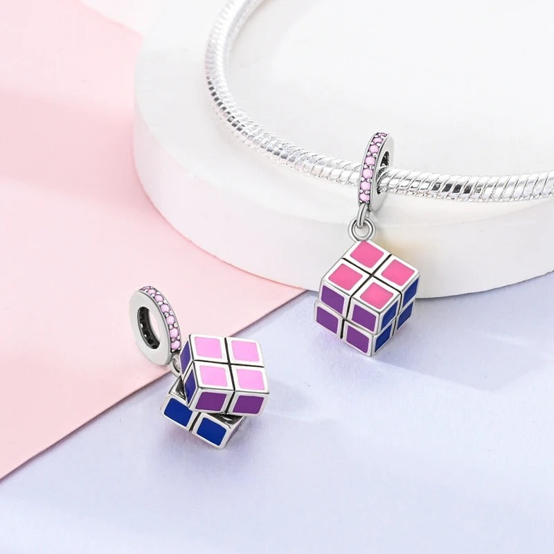 Rubik Cube Dangle Charm for Bracelet, S925 Sterling Silver