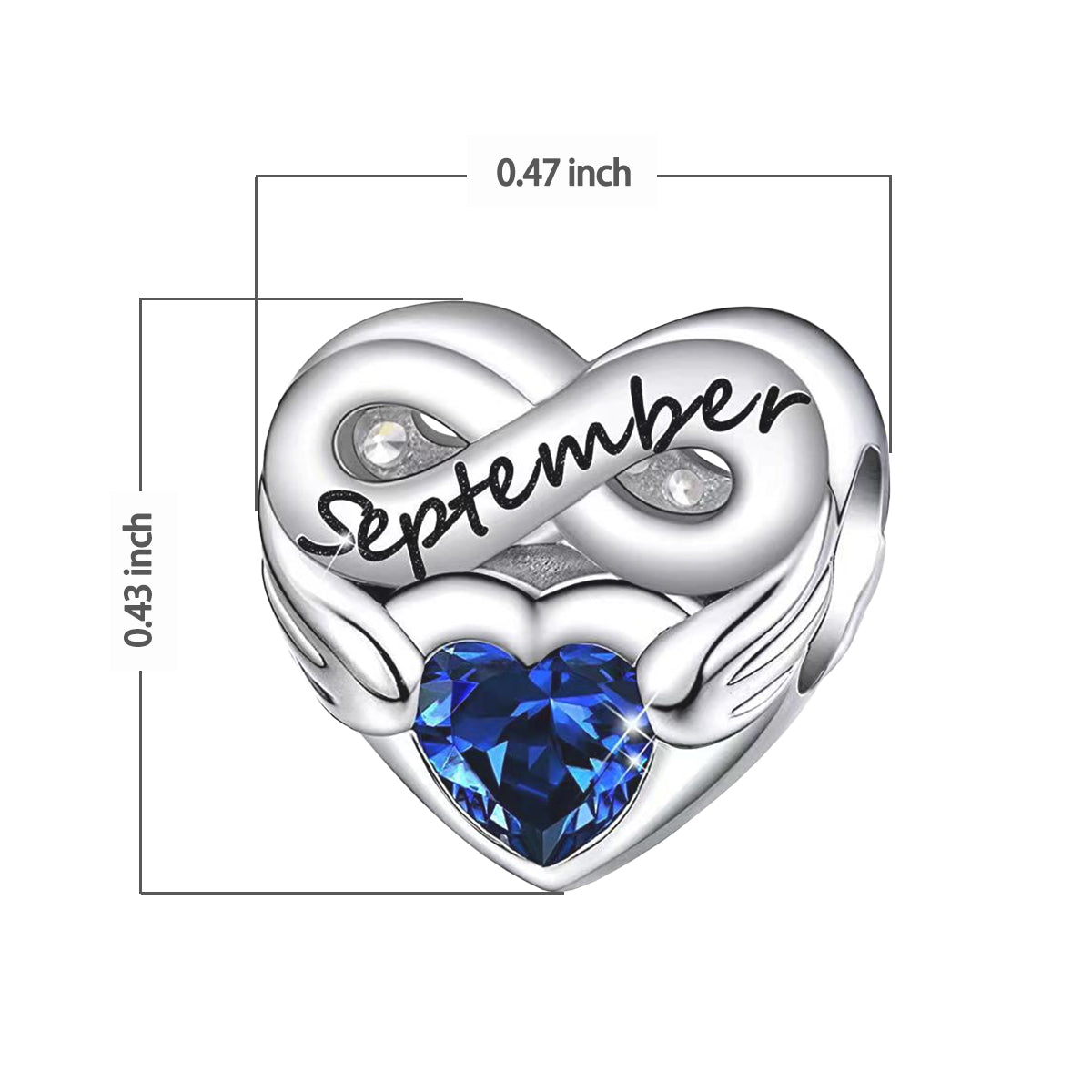 September Birthstone Months Heart Charm for Bracelet, S925 Sterling Silver