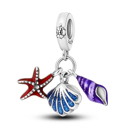 Seashells and Starfish Dangle Charm for Bracelet, S925 Sterling Silver