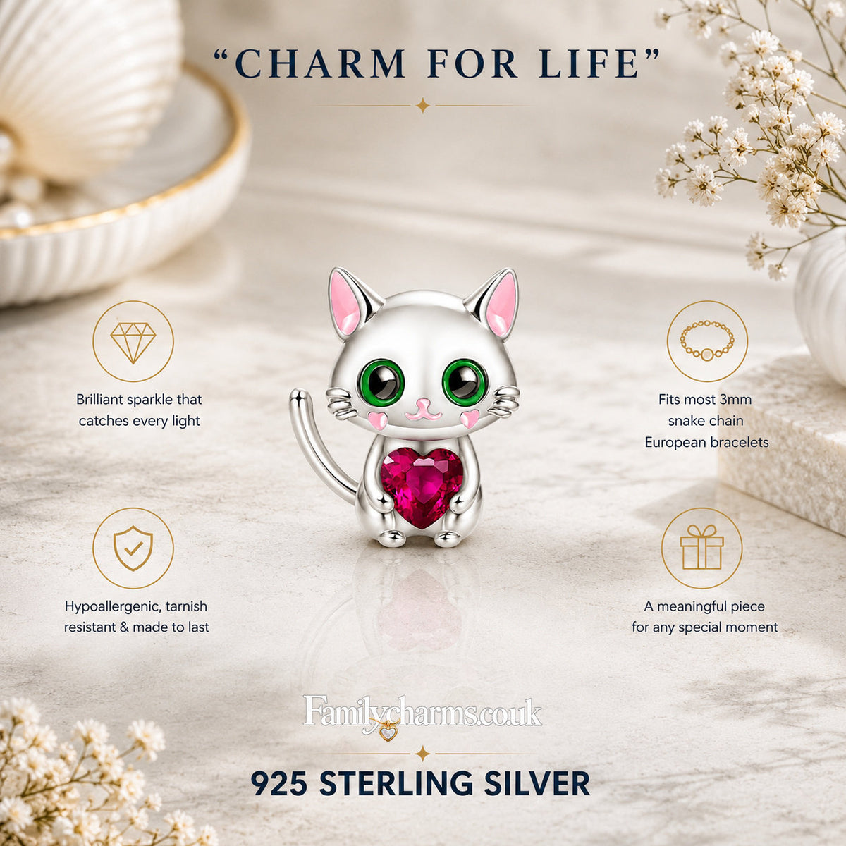 Silver Cat with Heart Charm for Bracelet, S925 Sterling Silver
