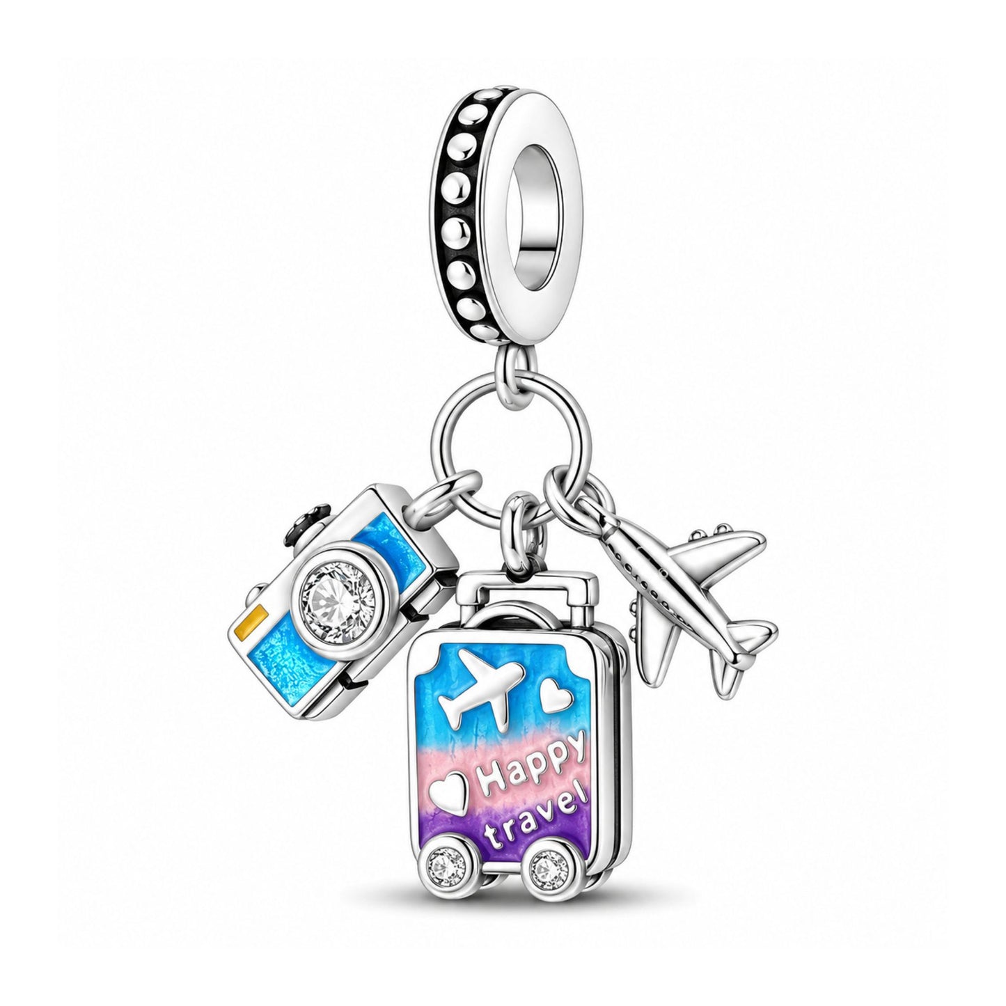 Sky Blue Purple Camera Airplane Suitcase Travel Pendant Charm Hallmarked S925 for Charm Bracelet and Necklace