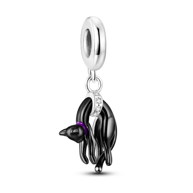 Sleeping Cat Dangle Charm for Bracelet, S925 Sterling Silver