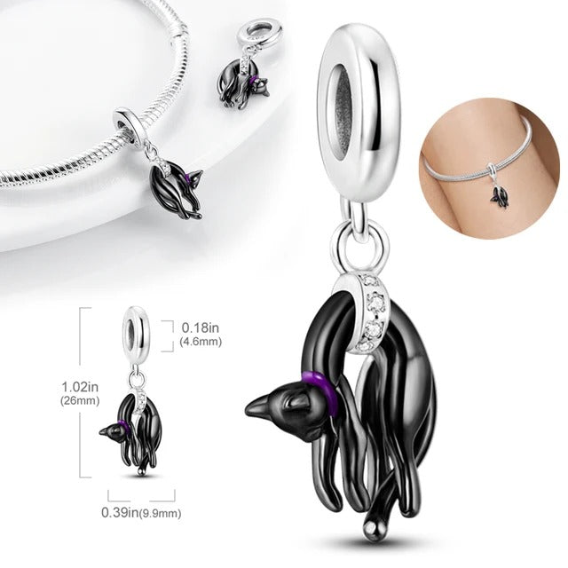 Sleeping Cat Dangle Charm for Bracelet, S925 Sterling Silver