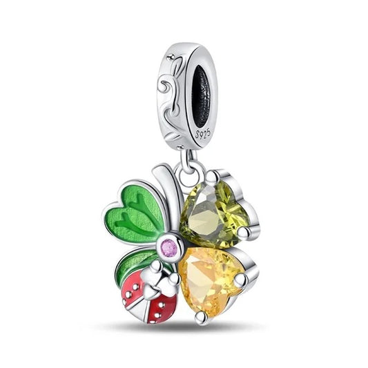 Sparkling Clover Leaf and Ladybug Charm for Bracelet, S925 Sterling Silver