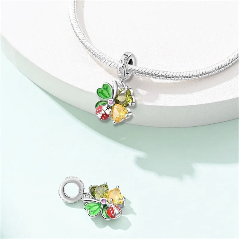 Sparkling Clover Leaf and Ladybug Charm for Bracelet, S925 Sterling Silver