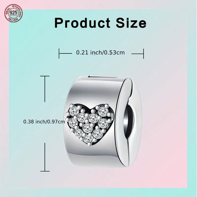Sparkling Love Heart Clip Sterling Silver Charm Hallmarked S925 for Charm Bracelet and Necklace