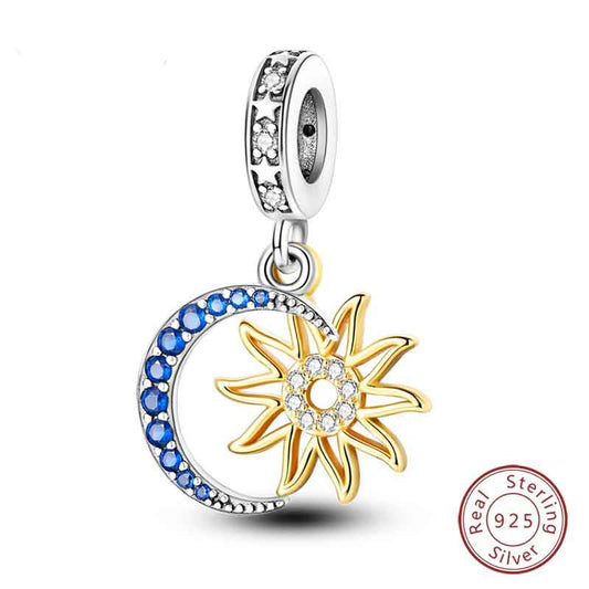 Sparkling Sun Moon and Stars Pendant Charm for Bracelet, S925 Sterling Silver