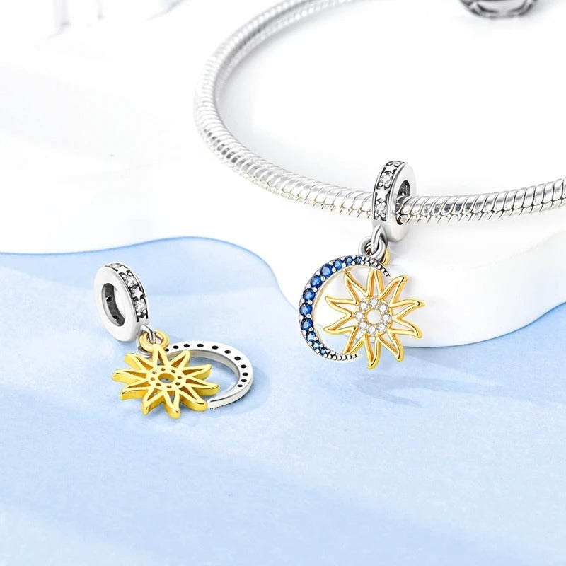 Sparkling Sun Moon and Stars Pendant Charm for Bracelet, S925 Sterling Silver