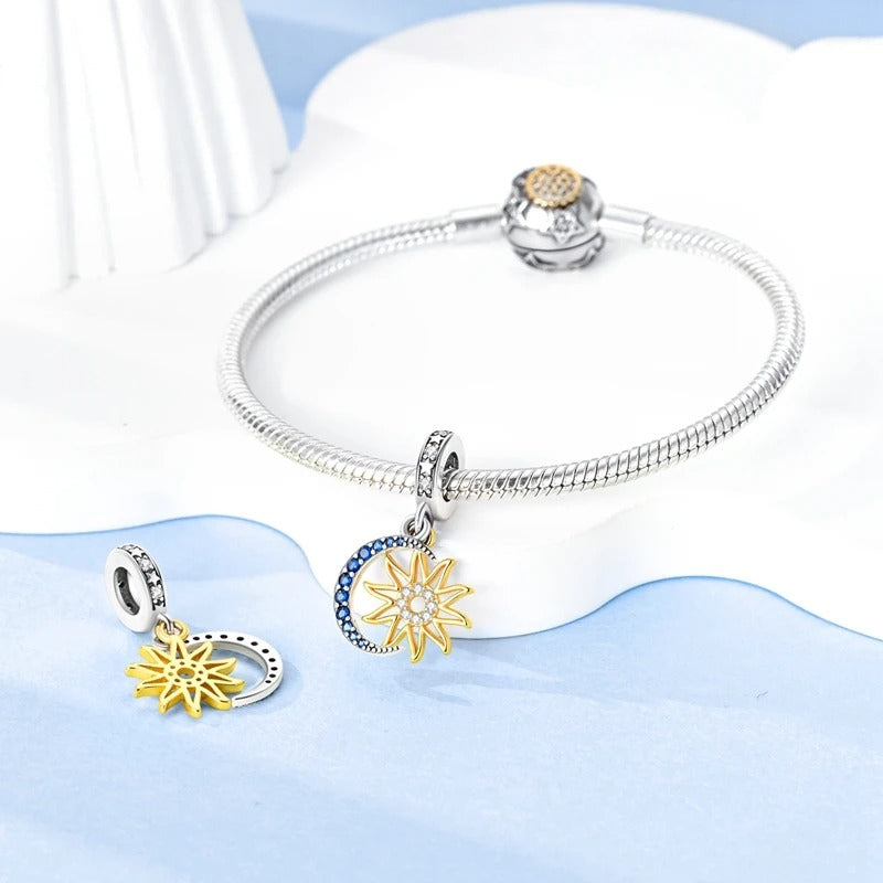 Sparkling Sun Moon and Stars Pendant Charm for Bracelet, S925 Sterling Silver