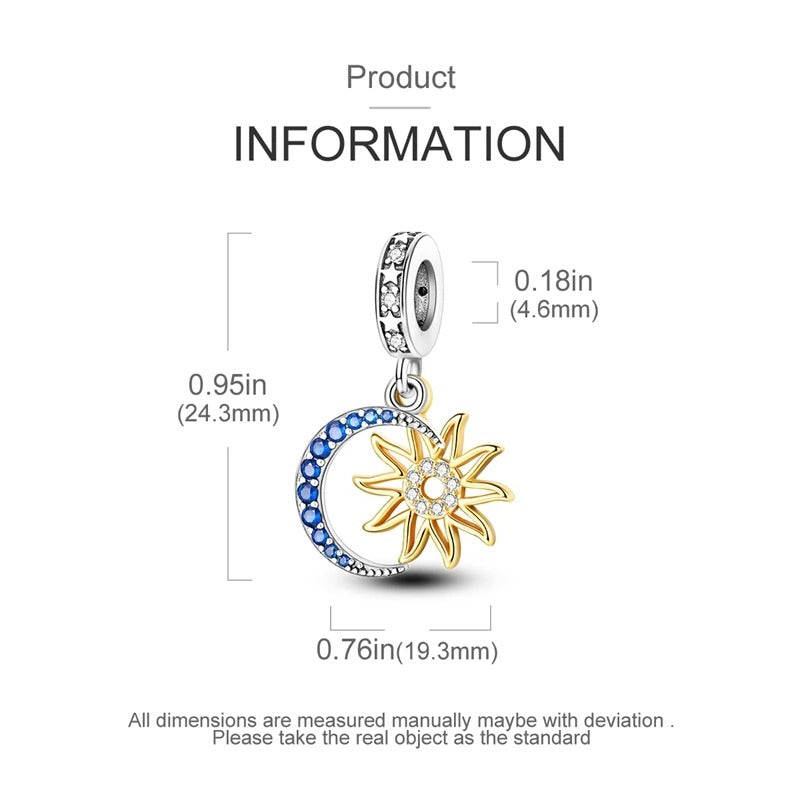 Sparkling Sun Moon and Stars Pendant Charm for Bracelet, S925 Sterling Silver
