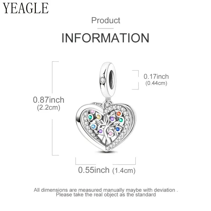Sparkling Tree of Life Heart Dangle Sterling Silver Charm Hallmarked S925 for Charm Bracelet and Necklace