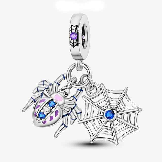 Spider and Web Dangle Charm for Bracelet, S925 Sterling Silver