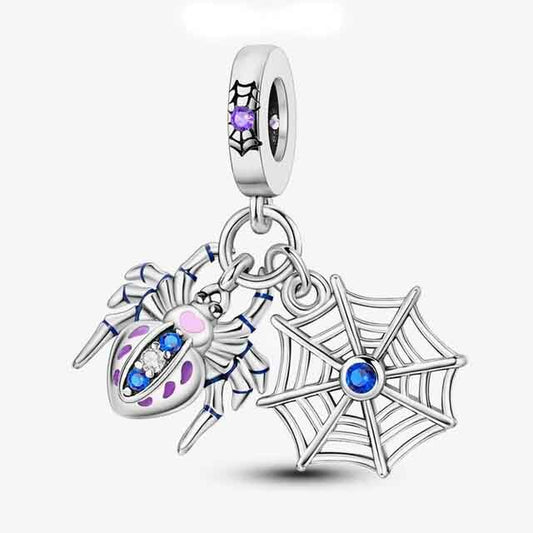 Spider and Web Dangle Charm for Bracelet, S925 Sterling Silver