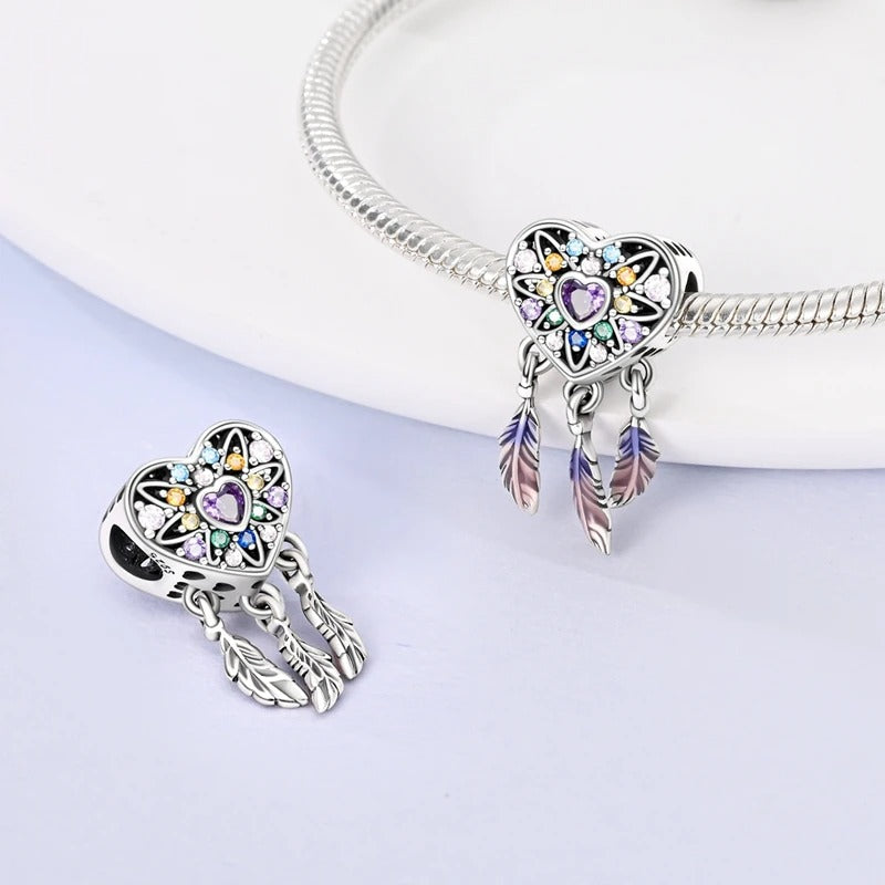 Spiritual Dreamcatcher Heart Charm for Bracelet, S925 Sterling Silver