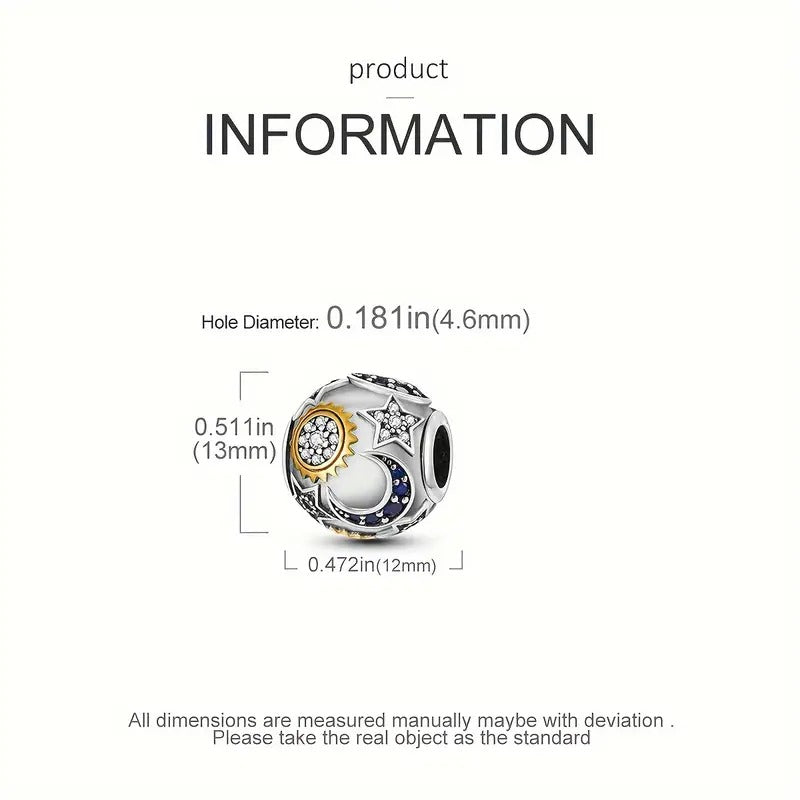 Star And Moon Round Bracelet Bead Sterling Silver Charm Hallmarked S925 for Charm Bracelet and Necklace