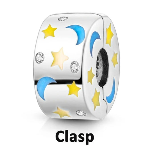 Star and Moon Glow in Dark Clip Charm for Bracelet, S925 Sterling Silver