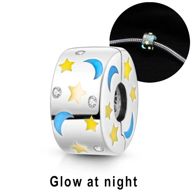 Star and Moon Glow in Dark Clip Charm for Bracelet, S925 Sterling Silver