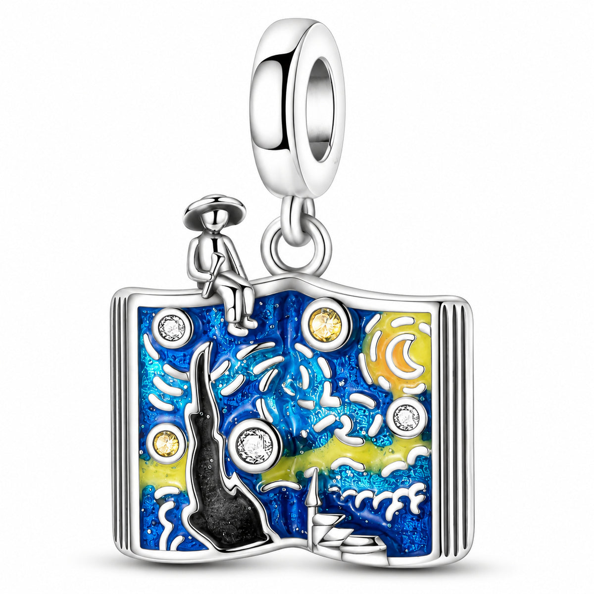 S925 Sterling Silver Starry Night Painting Pendant Colourful Glaze Shine Charm Bracelet